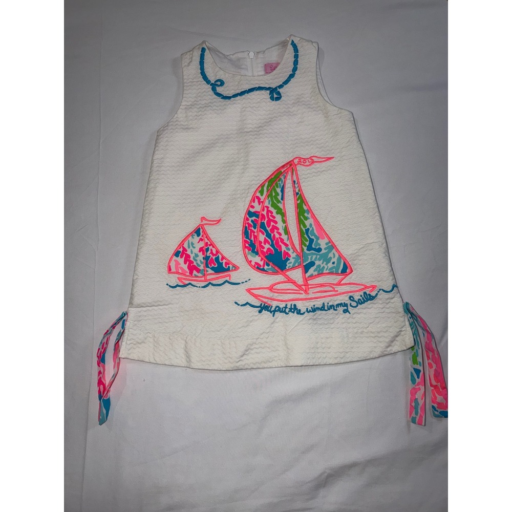 Lilly Pulitzer Kids White Seersucker Sailboat Shift Dress Size 2 Nautical Anchor
